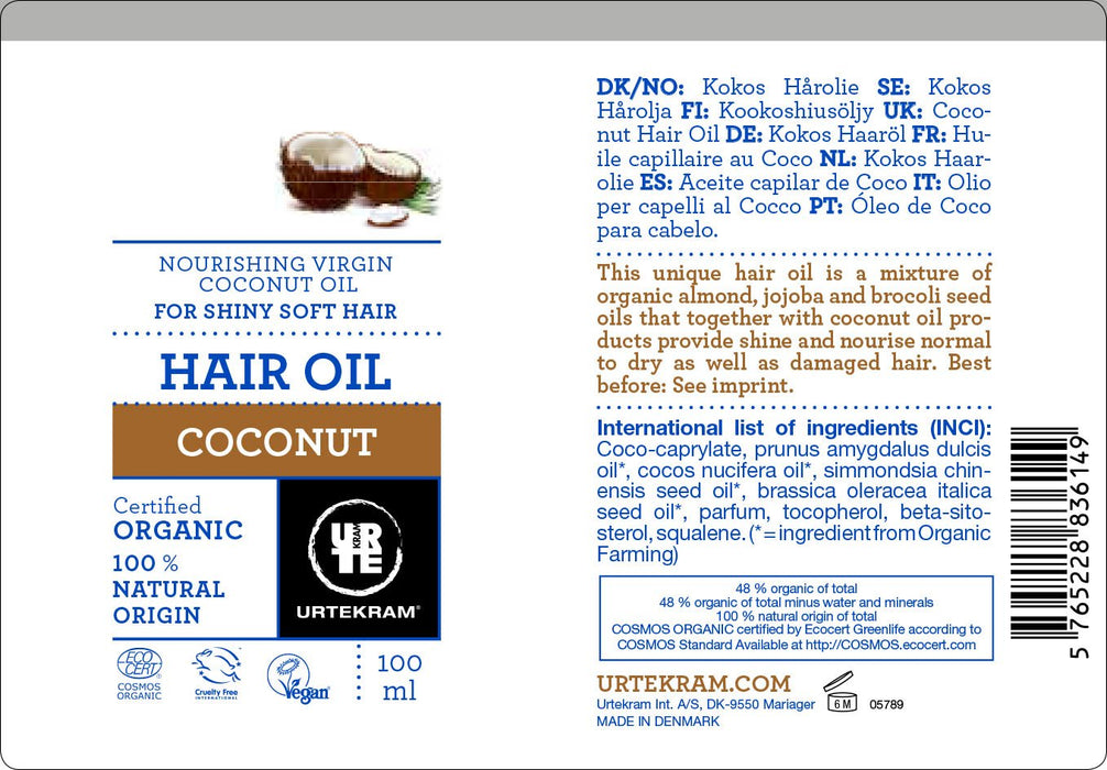 Urtekram Kokos olejek do włosów bio, połysk i nawilżenie, 100 ml