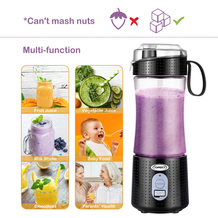 TOPESCT przenośny blender, osobisty mikser owoców ładowalny z USB, mini blender do smoothie, sok owocowy, koktajle mleczne 380 ml, sześć łopatek 3D do doskonałego mieszania (czarne)