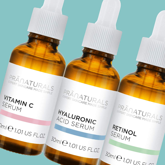 PraNaturals Skin Perfector serum do twarzy 3 x 30 ml – kwas hialuronowy, retinol i witamina C – krem przeciwstarzeniowy do pielęgnacji skóry, redukuje drobne linie i zmarszczki, wzbogacone naturalnymi olejkami i witaminami