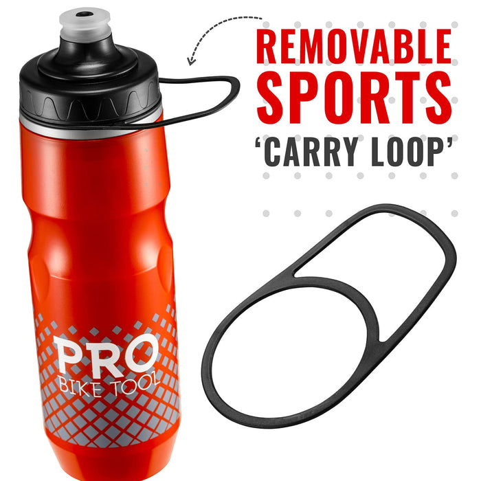 PRO BIKE TOOL Izolowana butelka na wodę na rower, 680 ml, 24 uncje – sportowa pętla do przenoszenia, do wszystkich aktywności fizycznych i jazdy na rowerze, utrzymuje napoje zimne, dłuższe – miękki silikonowy ustnik – zawór szybkiego przepływu – łatwe wyc