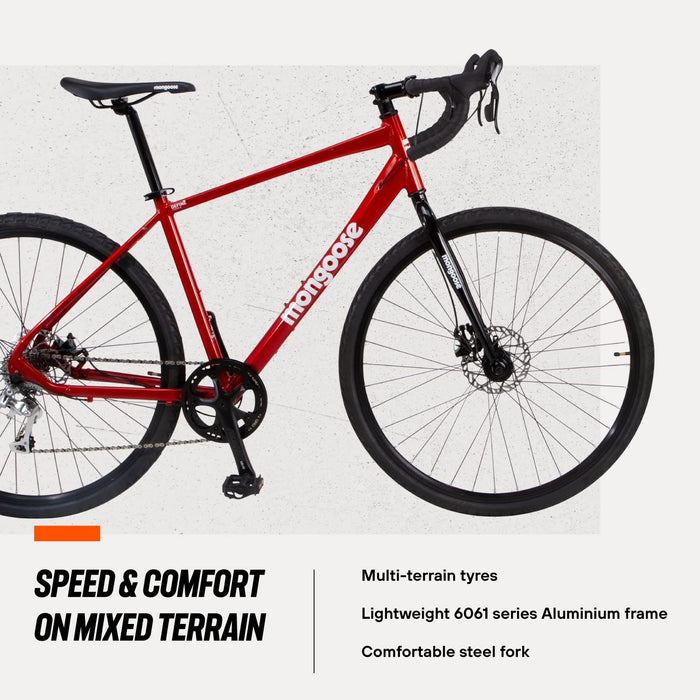 Mongoose Define PRO rower szosowy dla dorosłych, 10-biegowy, hamulec tarczowy, 19-calowa rama aluminiowa, opony 700C, czerwony