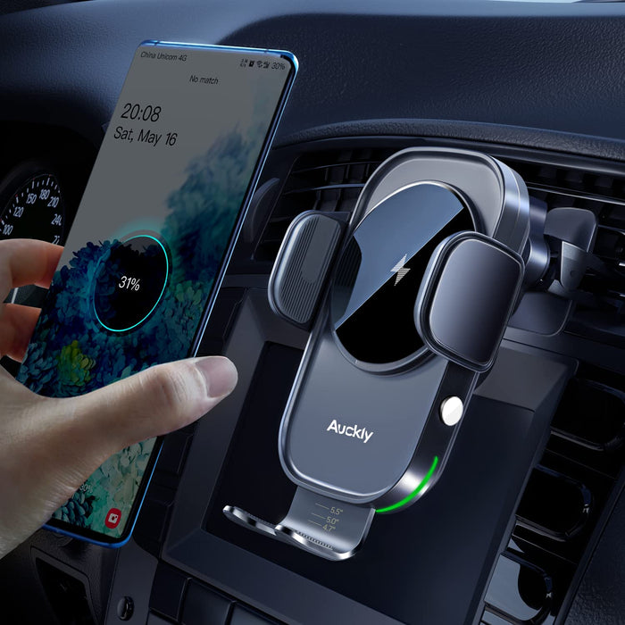 Auckly 15 W Fast Wireless Charger samochodowy uchwyt na telefon komórkowy z funkcją ładowania, automatyczny silnik indukcyjny zasilanie Qi, stacja ładująca do samochodu, uchwyt na telefon komórkowy, wentylacja do iPhone'a, Samsunga, Huawei, LG itp