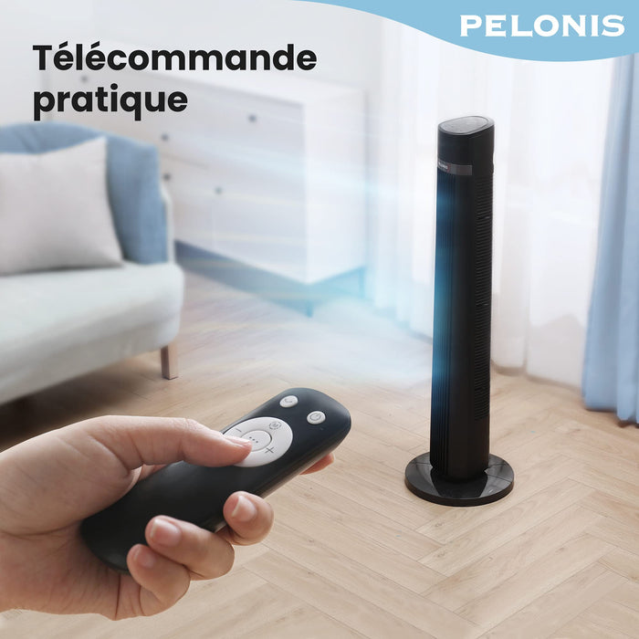PELONIS Wentylator kolumnowy, wentylator stojący z pilotem zdalnego sterowania, 4 stopnie prędkości i 3 tryby wentylacji, cichy mobilny wentylator z timerem i oscylacją, wentylator kolumnowy 90°
