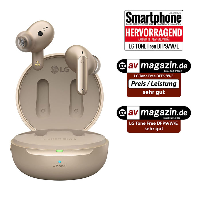 LG TONE Free DFP9 słuchawki douszne Bluetooth z MERIDIAN-Sound i aktywną redukcją szumów (ANC), kompatybilne z Siri i Google Assistant, TONE-DFP9E.CDEULLK złote