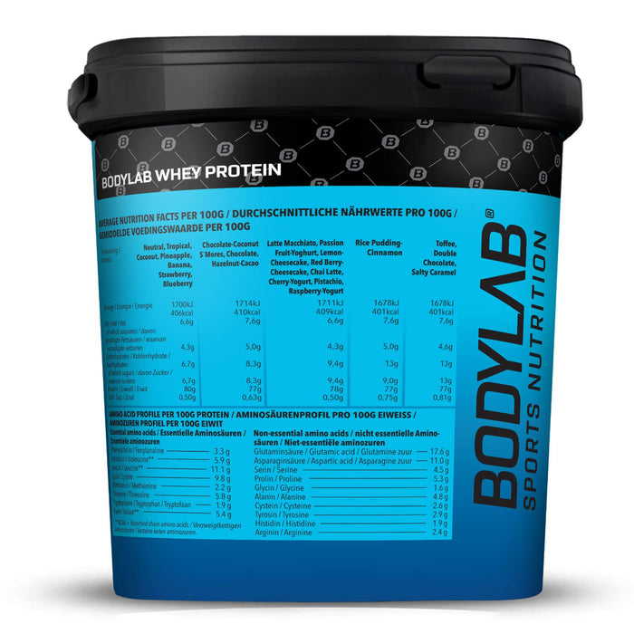 Proszek białkowy Bodylab24 Whey Protein Latte Macchiato 2 kg, shake proteinowy do sportów siłowych i fitnessu, proszek Whey może wspierać rozwój mięśni, proszek białkowy w 80% białka, bez aspartamu