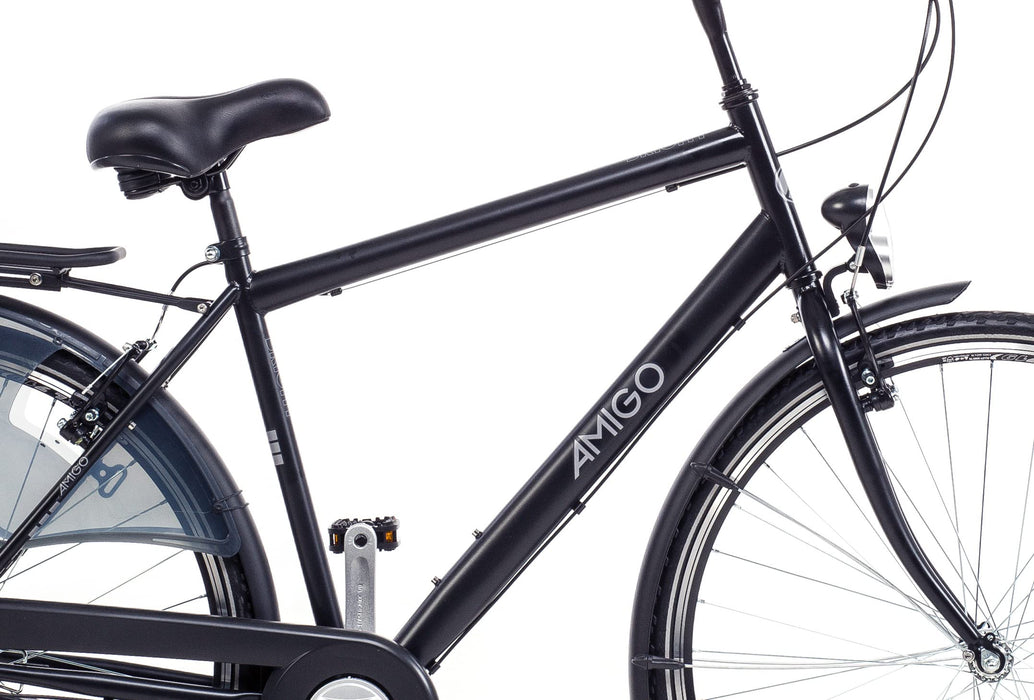 Amigo Moves rower miejski dla mężczyzn, 28 cali, odpowiedni do 170 – 175 cm, 6-biegowa przerzutka Shimano, rower miejski z hamulcem ręcznym, dzwonkiem, stojakiem i światłem, czarny