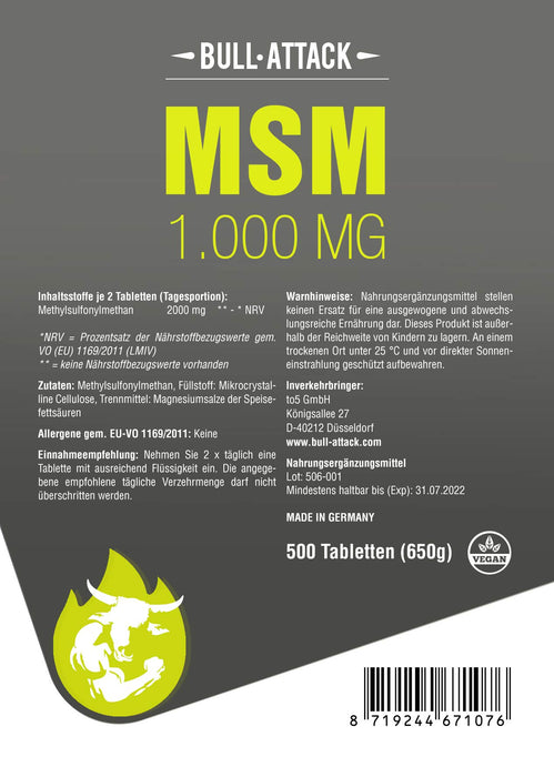 MSM tabletki firmy Bull Attack – 500 wegańskich tabletek MSM po 1000 mg – wysokie dawki do skóry, włosów, paznokci, stawów i problemów z stawami