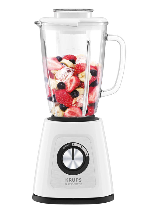 Krups KB4351 Blendforce+ mikser stojący; 800 W; szklany pojemnik o pojemności 1,75 l; 6 noży z technologią Powelix; 2 prędkości + puls; funkcja kruszenia lodu; technologia "Smart-Lock", kolor biały