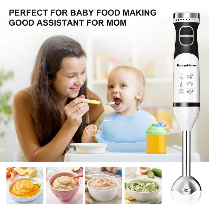 Bonsenkitchen Zestaw blendera ręcznego, 3 w 1, wysokowydajny elektryczny blender blender do 9 prędkości, regulowany mikser wielofunkcyjny z trzepaczką, rozdrabniaczem i kubkiem z miarką (HB8901)