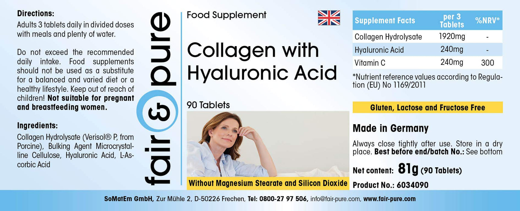 Tabletki kolagenowe 640mg z kwasem hialuronowym 80mg i witaminą C 80mg - bez stearynianu magnezu - hydrolizat kolagenu - 90 tabletek