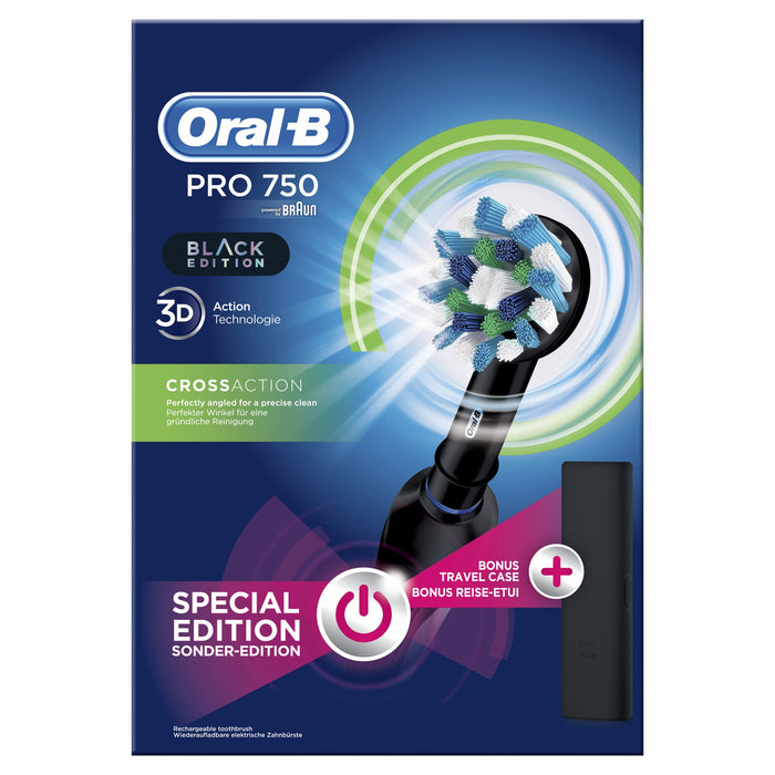 Oral-B 80314423 Pro 750 Elektryczna Szczoteczka Do Zębów z Etui i Końcówką Crossaction, Czarny/Biały