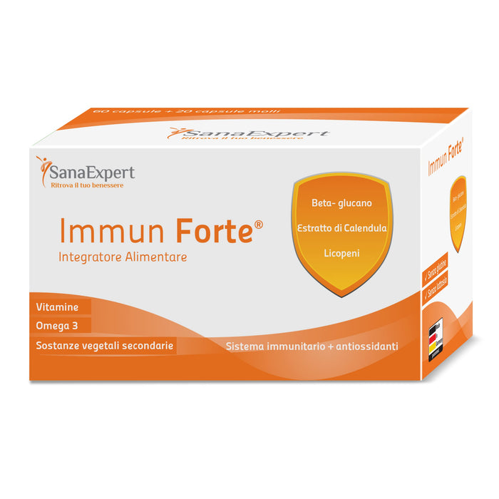 SanaExpert Immun Forte, Multivitamin do układu odpornościowego, z witaminą C, Omega-3, beta-glucan, wyciąg z marigoldu, lycopin, Lutein, 1 miesiąc opakowanie po 90 kapsułek (69 g)