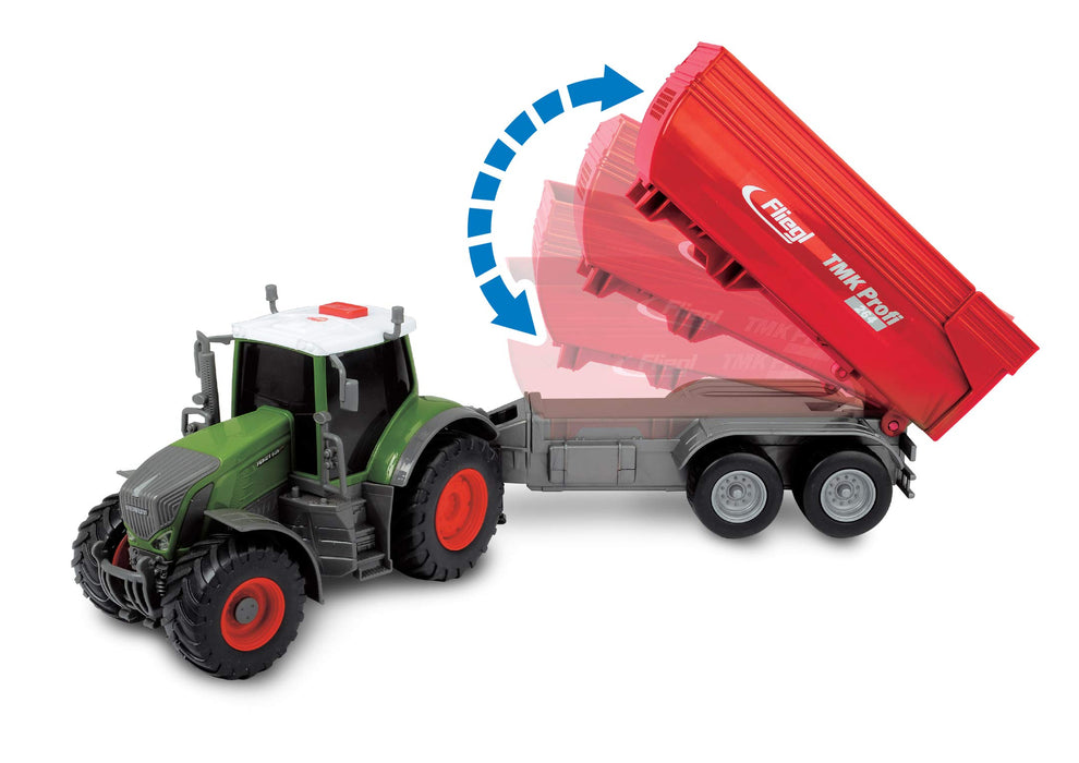 Dickie Toys 203737002 FARM Fendt 939 Vario traktor zabawkowy z przyczepą 41 cm, zabawa w gospodarstwo rolne, podnoszenie i opuszczanie, otwierana tylna klapa, światło i dźwięk, dla dzieci od 3 lat