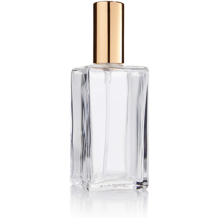 Fantasia Perfumy flakon pusty 100 ml z pompką rozpylającą, przezroczyste butelki prostokątne, do samodzielnego napełniania perfumami, rozpylaczem i zatyczką w kolorze złota, napełniane 100 ml