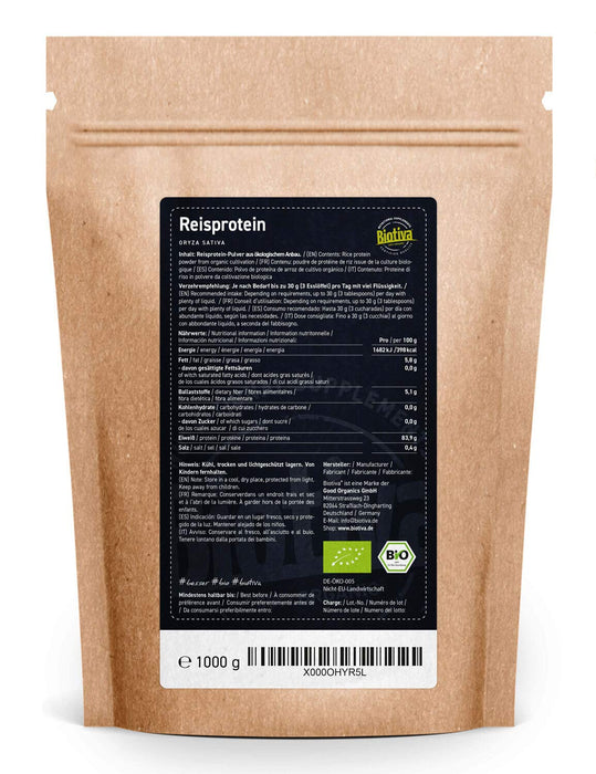 Biotiva Białko ryżowe bio 80% białko 1 kg – wegańskie źródło białka – bez dodatków – wolne od glutenu, soi i laktozy – najwyższa jakość ekologiczna – napełniane i kontrolowane w Niemczech (DE-ÖKO-005)
