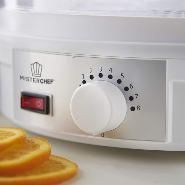 MisterChef® odwadniacz do żywności, 250 W duże 5 tacek - idealne do zdrowych i naturalnych przekąsek, suszonych owoców - długi przewód zasilający 1 m darmowy kolorowy książka z przepisami + bezpłatna 2-letnia gwarancja ładne kolorowe pudełko upominkowe