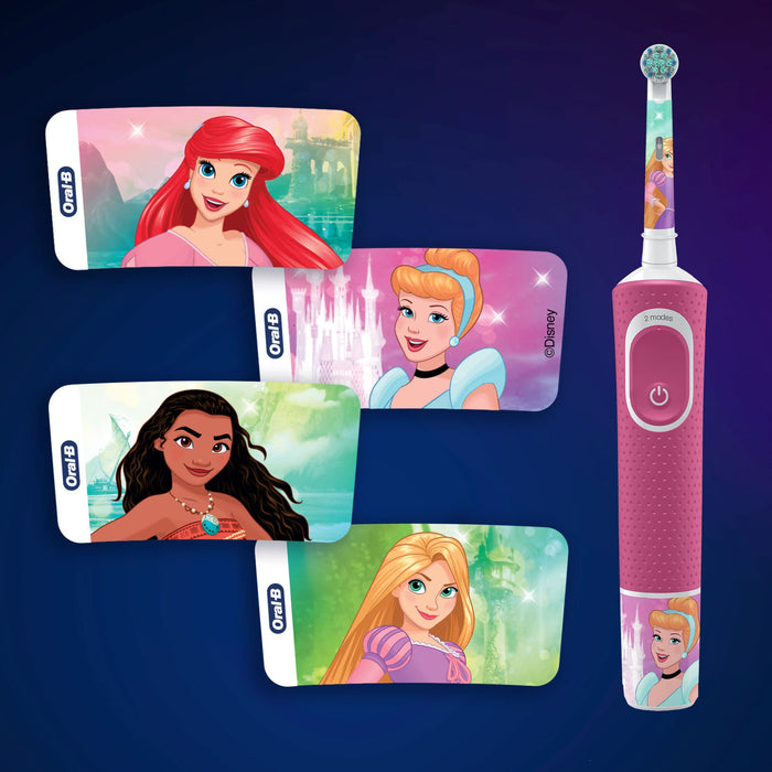 Oral-B Kids Prinzessin elektryczna szczoteczka do zębów dla dzieci od 3 lat, mała główka szczoteczki i miękkie włosie, 2 programy czyszczenia w tym Sensitiv, timer, 4 naklejki Disney, różowa