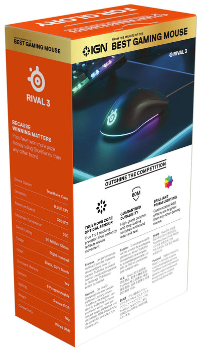 SteelSeries Rival 3 - Sensor Optyczny TrueMove Core 8 500 CPI - 6 Programowalnych Przycisków - Przyciski Split Trigger