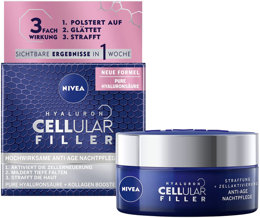 NIVEA Hyaluron Cellular Filler Anti-Age krem na noc (50 ml), regenerująca pielęgnacja twarzy z ekstraktem z magnolia, przeciwzmarszczkowy, nawilżający, łagodzi zmarszczki na noc