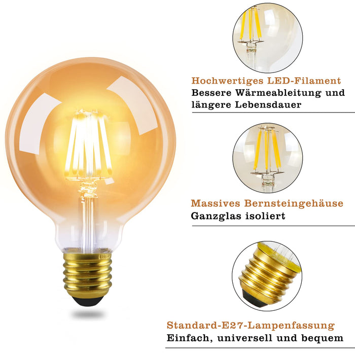 GBLY 2 kawałki LED E27 Żarówka Vintage Lamp - G95 Żarówka Edison 2700K 4W ciepły biały Żarówka Retro Filament żarówka szkło antyczne Lampa energooszczędna dla domu Hotel Cafe Bar