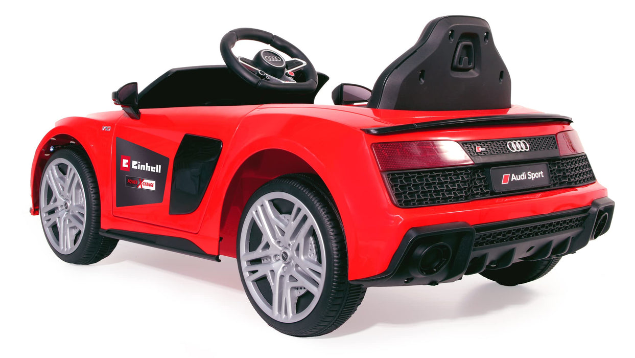 JAMARA 461806 Ride-on Audi R8 Spyder 18 V Einhell Power X-Change wraz z systemem startowym szybkiej wymiany akumulatorów, oficjalna licencja, Bluetooth, samochód elektryczny, czerwony