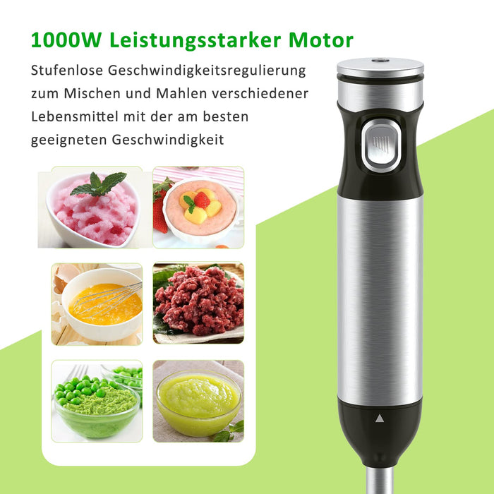 Blender ręczny ze stali nierdzewnej, 1000 W, 4 w 1, wielofunkcyjny, bezstopniowa prędkość, 4 łopatki noża, 700 ml, kubek z miarką, mikser elektryczny rozdrabniacz