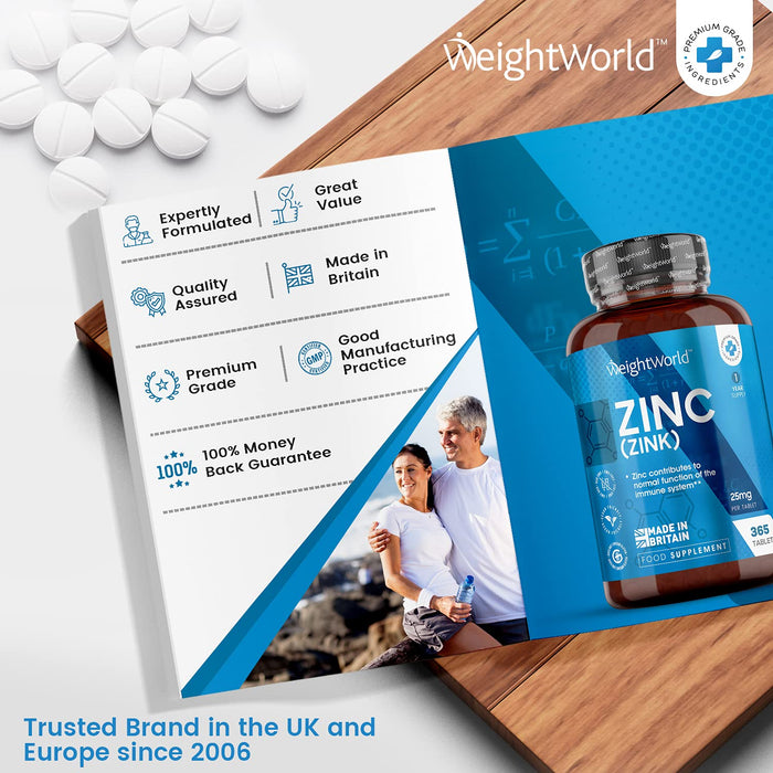 Cynk w tabletkach 25mg - 365 wegańskich tabletek (1 rok dostaw) Naturalny suplement cynku o wysokiej mocy dla układu odpornościowego, metabolizmu i zdrowia włosów, skóry i kości, łatwe do przyjmowania tabletki cynku - Made In Britain