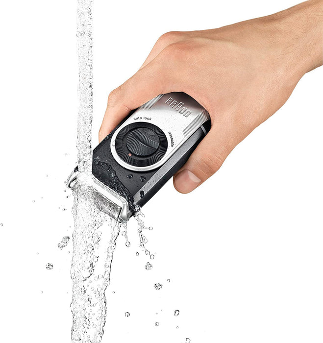 Braun PocketGo mobilna golarka podróżna do golarki, w podróży, w pełni zmywalna, M90, czarna/srebrna