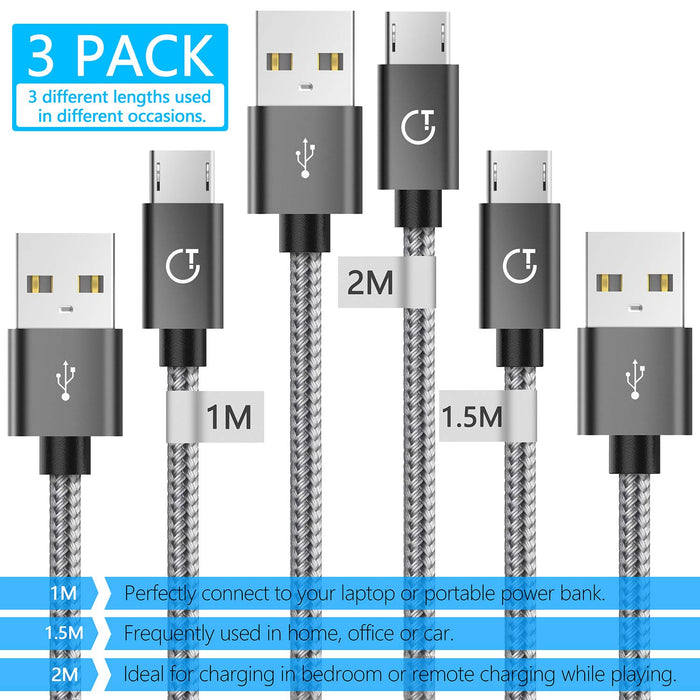 Gritin Kabel Micro USB, [3-pak / 1 M + 1,5 M + 2 M] Nylon w oplocie Niezwykle trwały szybki kabel do synchronizacji Micro USB do Nexusa, LG, Sony, PS4, HTC, Motorola, Kindle, Nokia i nie tylko