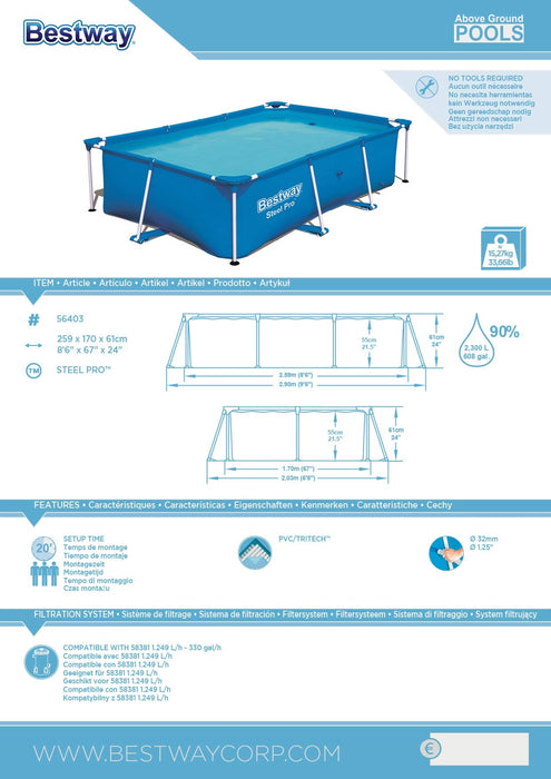 Bestway ProPool Basen Stelażowy, Niebieski, 259 x 170 x 61 cm