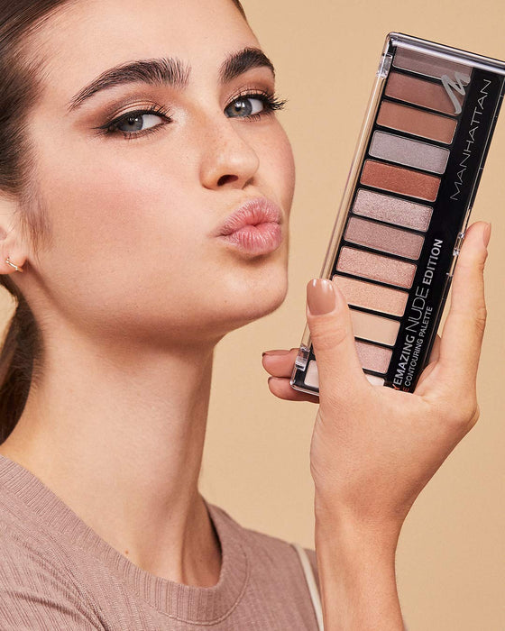 Manhattan Eyemazing Eye Contouring Paleta cieni do powiek – 12 kolorów w jednej palecie, od białego do taupe, z brokatem i matowym, kolor 002 Blush Edition – 1 x 14,6 g