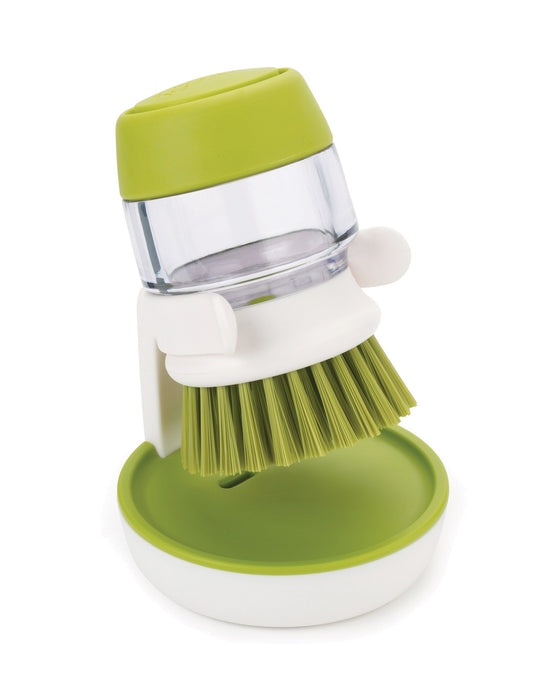 Joseph Joseph 85004 Palm Scrub - szczotka do mycia ze zintegrowanym dozownikiem płynu do mycia naczyń, ze stojakiem - zielona, 8,8 x 9,5 x 13,5 cm