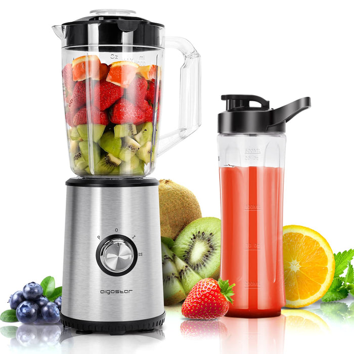 Aigostar Baron - Blender smoothie 2 w 1, ze stali nierdzewnej, bez BPA, 350 W. 1 l słoik i butelka 600 ml z Tritanu. Smoothie Mixer owoców, koktajle mleczne, 2 stopnie prędkości i funkcja P