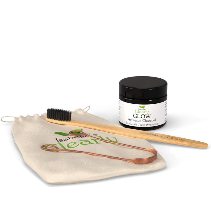 Clearly GLOW Teeth Whitening Kit (4 Piece) | Pure Food Grade Activated Charcoal Powder + Bamboo Ultra Soft Toothbrush + Copper Tongue Cleaner + Eco Friendly Gift Bag | Natural Tooth Products for Adults and Kids