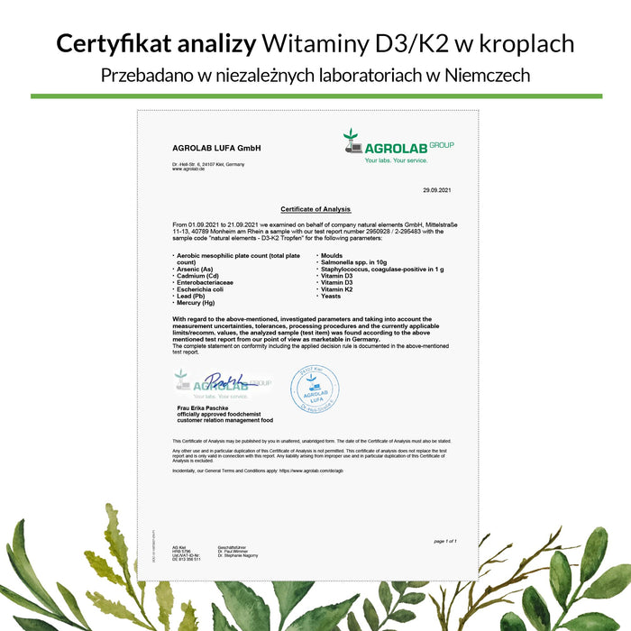 Witamina D3 + K2 krople 50 ml - premium: >99,7% all-trans (K2VITAL® firmy Kappa) + wysoce biodostępna witamina D3 - przebadana w laboratorium, wysokodozowana, w płynie