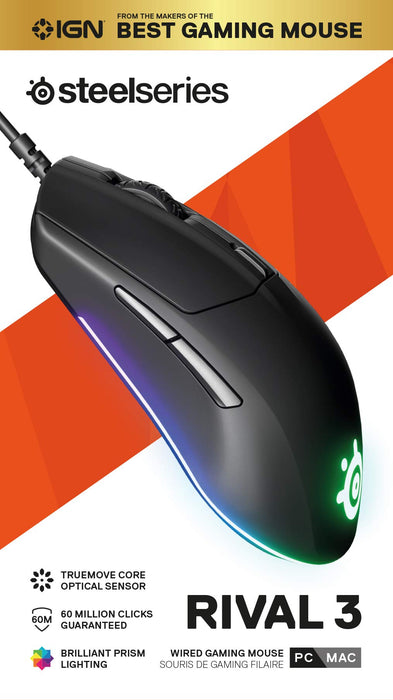 SteelSeries Rival 3 - Sensor Optyczny TrueMove Core 8 500 CPI - 6 Programowalnych Przycisków - Przyciski Split Trigger