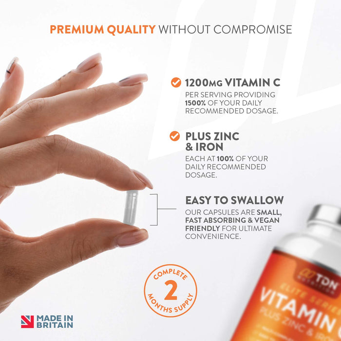 Witamina C i cynk Plus żelazo - 1200 mg tabletek witaminy C o wysokiej wytrzymałości - 120 kapsułek - przyczynia się do utrzymania normalnego układu odpornościowego - Premium kwas askorbinowy - wegański - UK Made by TDN