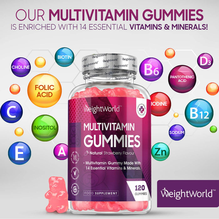 WeightWorld żelki wielwitamina – 120 sztuk z 14 witaminami i minerałami dla dorosłych z witaminą C, A, D3, B6, B12, biotyna, kwas foliowy, jod, cynk i wiele więcej – smak truskawek