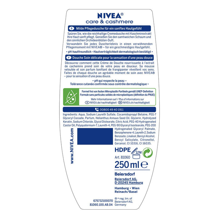 NIVEA Kremowy żel pod prysznic i kaszmiru (250 ml), bogaty żel pod prysznic z ekstraktem z kaszmiru i delikatnym zapachem storczyka, kremowy żel pod prysznic dla gładkiej skóry