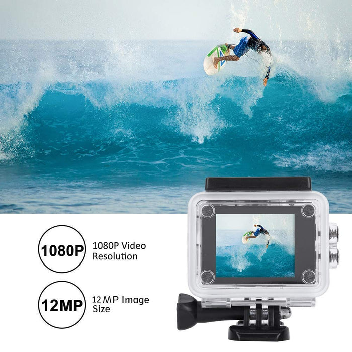 Kamera sportowa, 2,0-calowy wyświetlacz TFT LCD Full HD 1080P, wodoszczelny 30 m, obsługa kamery sportowej Karta TF 32 GB, kąt 140 ° z bateriami 900 mAh i zestawami montażowymi. (Srebrny)