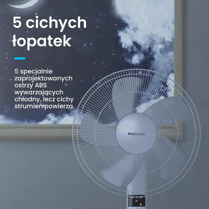 Pro Breeze Wentylator Stojący z Pilotem Zdalnego Sterowania, Domowy Duży Pionowy Cichy Chłodzący Wiatrak Podłogowy Średnica 40cm, z Wyświetlaczem LED Oscylacją 80° i Regulacją, Silnik 55W, 3 Poziomy Prędkości, 4 Tryby Pracy, Biały