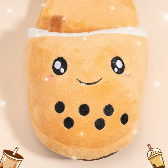 Glopastel Boba kapcie | urocze anime kawaii bubble tea puszyste wsuwane buty domowe | jeden rozmiar dla dorosłych, kobiet, mężczyzn (beżowe)