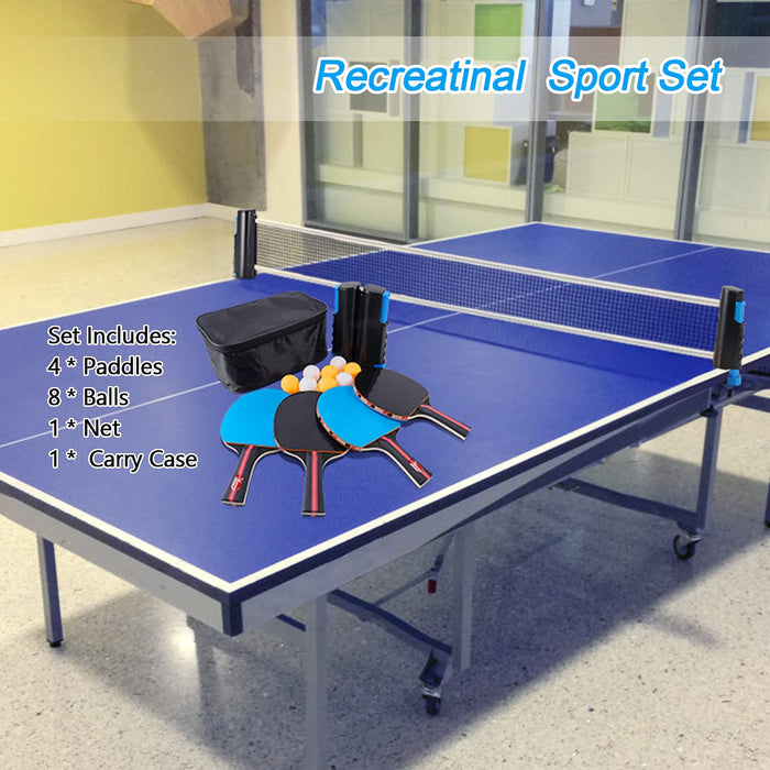 XDDIAS Instant zestaw do tenisa stołowego, 4 rakietki do tenisa stołowego + wysuwana siatka do tenisa stołowego + 8 piłek, zestaw do ping Pong (niebieski)
