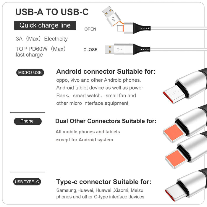 SDBAUX 3 A/1,2 m kabel do ładowania USB, 6 w 1 telefon USB A/USB-C na 2 iP/Micro USB/typ C, złącze do szybkiego ładowania, kompatybilny z tabletami, Samsung Galaxy S21 S20 S10, Google Pixel 4XL, LG V35, PS. 4