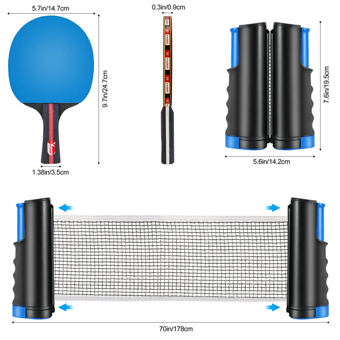 XDDIAS Instant zestaw do tenisa stołowego, 4 rakietki do tenisa stołowego + wysuwana siatka do tenisa stołowego + 8 piłek, zestaw do ping Pong (niebieski)