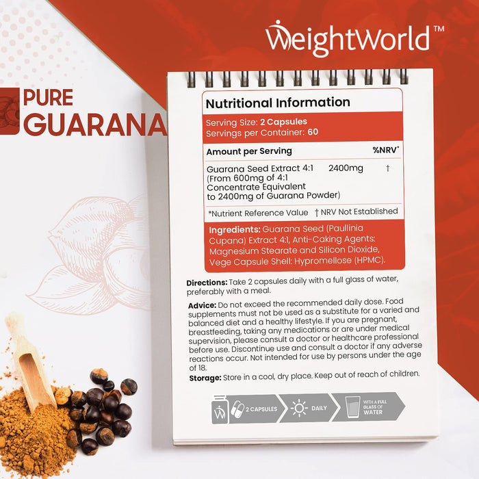 WeightWorld Pure Guarana Capsules - 1200mg - Suplement diety i doładowania energii z ekstraktem z guarany, naturalny kompleks, 4 x więcej kofeiny niż kawa, wzmacniacz energii treningu, przyjazny dla wegan - kapsułka 90
