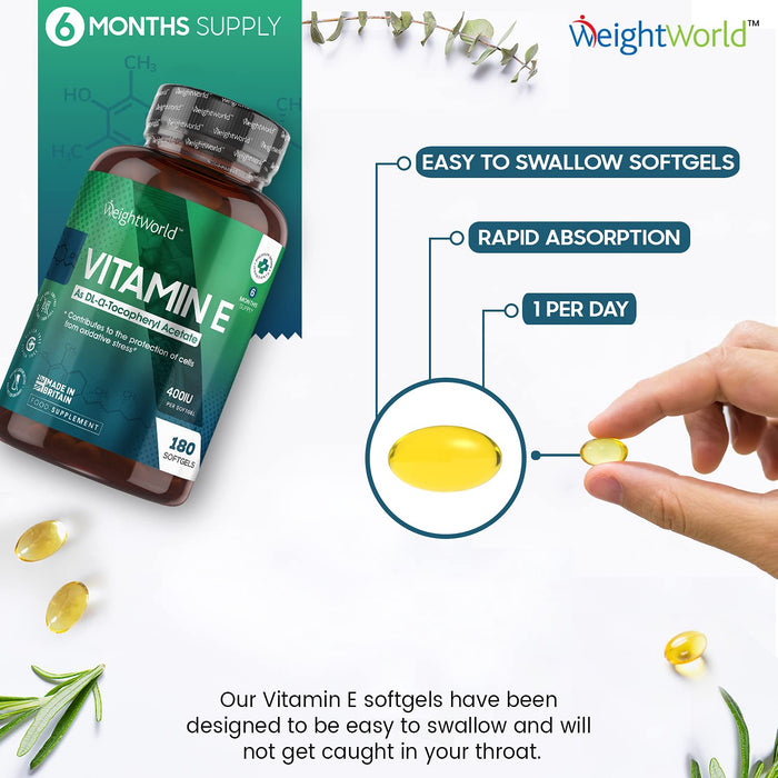 Witamina E - 400IU - 180 Softgel Capsules (6 Month Supply) - Natural Alpha Tocopherol Witamina E Suplement oleju do włosów, skóry i zdrowia ciała, Pure Vitamin E Oil - Made In The UK