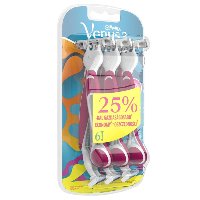Gillette Venus 3 Maszynki Jednorazowedo Golenia dla Kobiet (6 Sztuk), Kolorowe Maszynki z 3 Ostrzami i Paskiem Nawilżającym