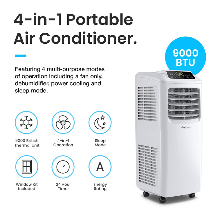 Pro Breeze Klimatyzator Przenośny Pokojowy Domowy z Wężem i Pilotem Zdalnego Sterowania (pomieszczenie do 60m2), 4w1- A/C Osuszacz Powietrza Wentylator Powietrza, 2 Poziomy Prędkości, Tryb Nocy 24h Timer, Wyświetlacz LED, z Zestawem Uszczelniającym do Oki