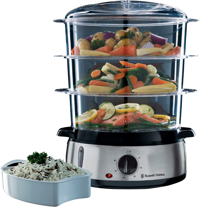 Russell Hobbs parowar, pojemność 9l, timer 0-60 min, 3 pojemniki do gotowania na parze, dzwonek informujący o zakończeniu, stal nierdzewna, moc 800W, srebrny, Cook@Home 19270-56